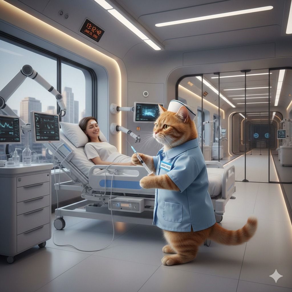 Um gato enfermeiro cuidando de uma paciente em um hospital moderno, simbolizando a conexão entre animais e bem-estar em projetos de caridade. (Imagem gerada por Gemini IA)